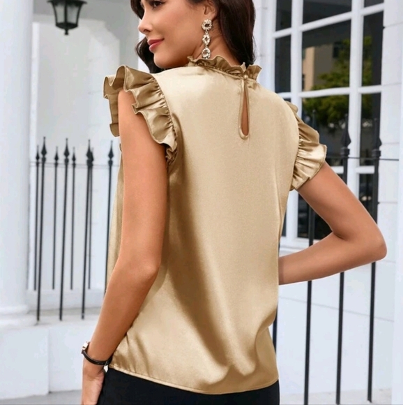 Summer Elegant Solid Color Satin Cap Sleeve Blouse - Picture 2 of 4